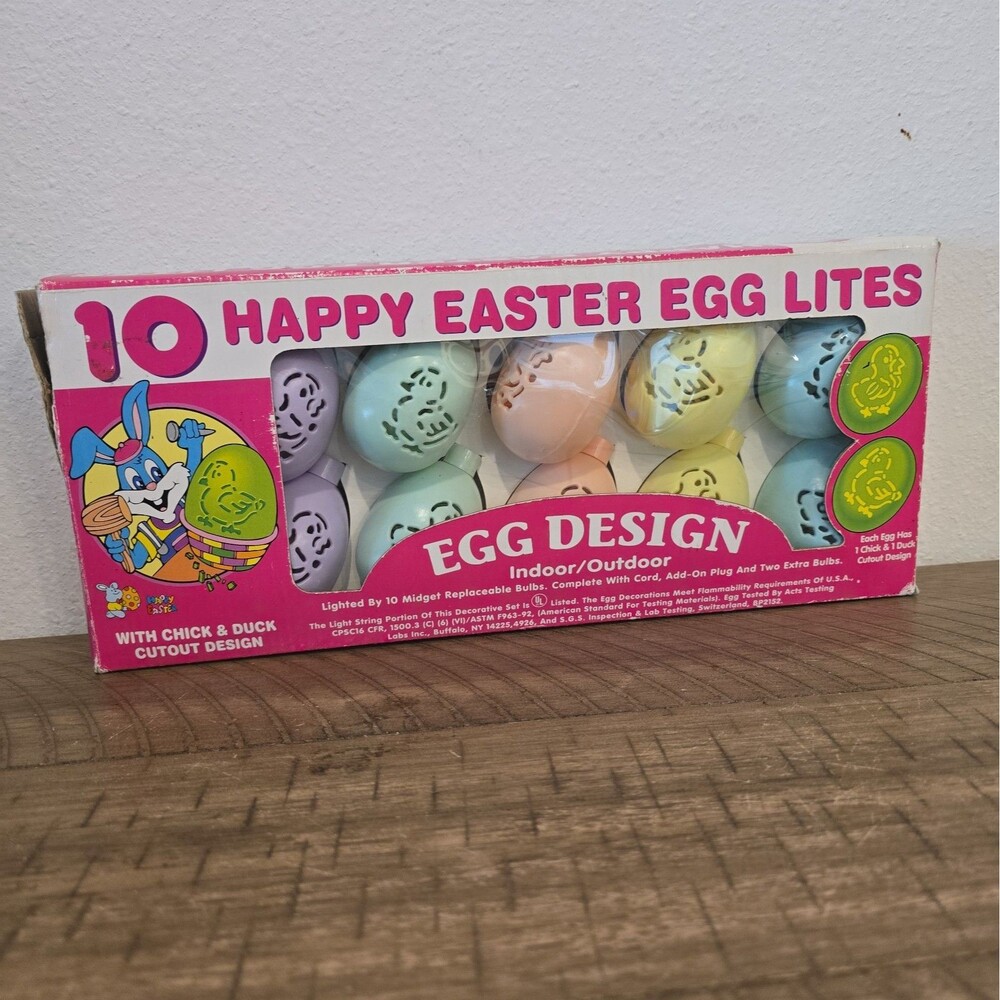 Vintage Happy Easter 10 Egg String Lights Molded Plastic Pastel Decor Chick Duck